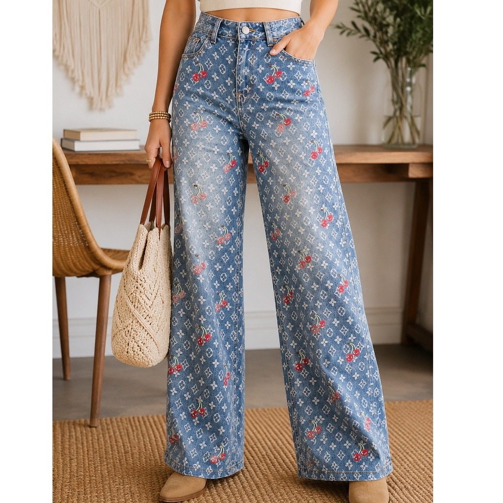 Fashion Jeans Womens Wide Leg Monogram Cherry Print Denim Pants Light Wash 6/7